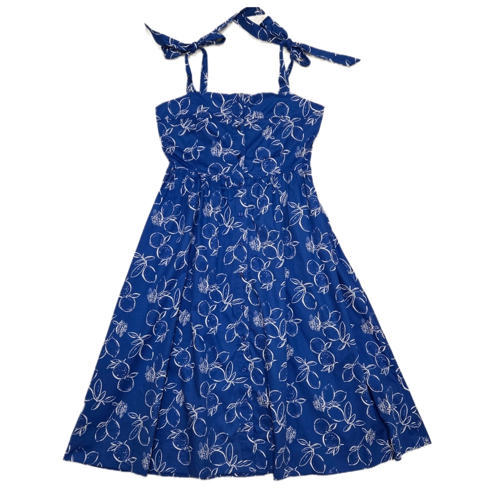 ​Free Assembly Blue & White Lemon Print Tie Strap Midi Dress Cotton - Small NWT